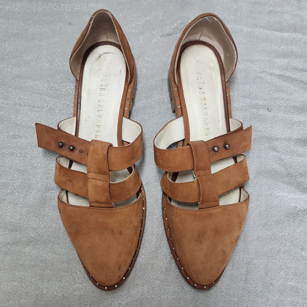 Freda Salvador Brown Suede D'Orsay Cage 7 Studded Strappy Flat Sandals Boho Edge